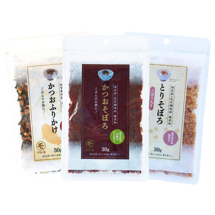 マルモ 無添加 ふりかけ3種お試しセット 合計90g 30gx3種 かつおふりかけ かつおそぼろ とりそぼろ(ごぼう入り) 鹿児島県産 かつお節 鰹 鶏肉 佃煮 ご飯のお供 お弁当 おにぎり 混ぜご飯 一人暮らし 仕送り 運動会 チャック袋 送料無料