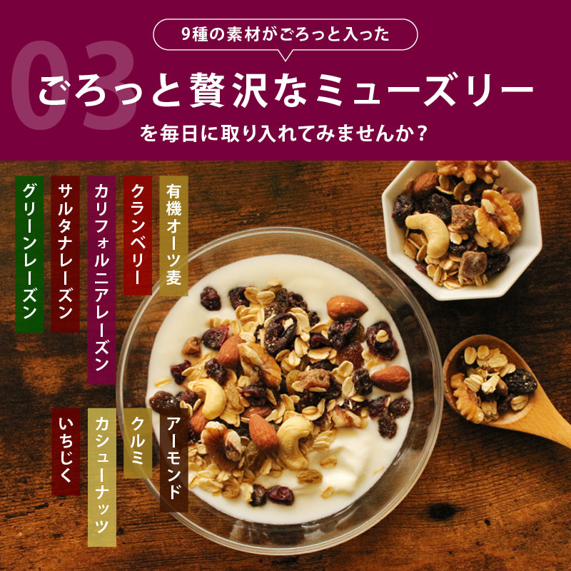 ミューズリー お試し3種セット(大豆・ごま) (ミックスフルーツ) (まるごとナッツ) 各150g 合計450g 有機オーツ麦使用 オートミール ドライフルーツ